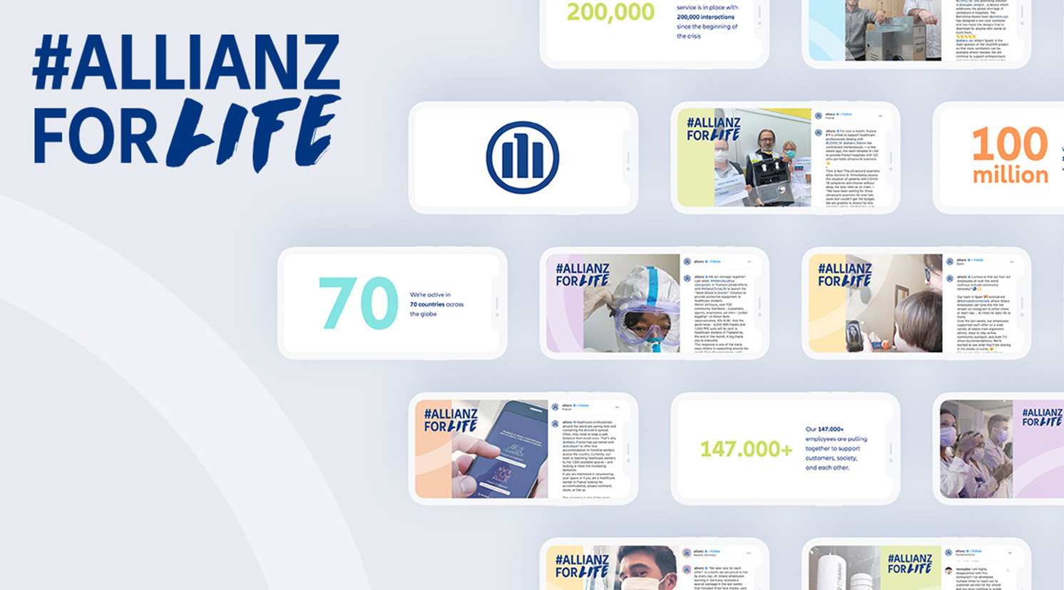 Social media posts overview of Allianz for Life projects are shown on smartphones