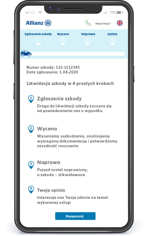 Zgłoszenie szkody w Allianz - ekran telefonu